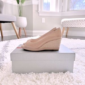 PRADA Blush Nude Patent Leather Espadrille Wedge Pumps 35.5 NEW 💕